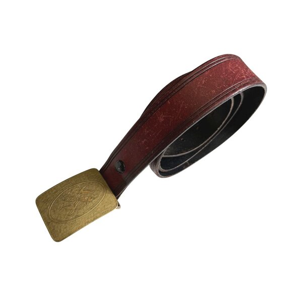 Vintage Koi Fish Engraved Leather Belt Men's 46.5" Red Gold-Tone Buckle Asian - Picture 1 of 10